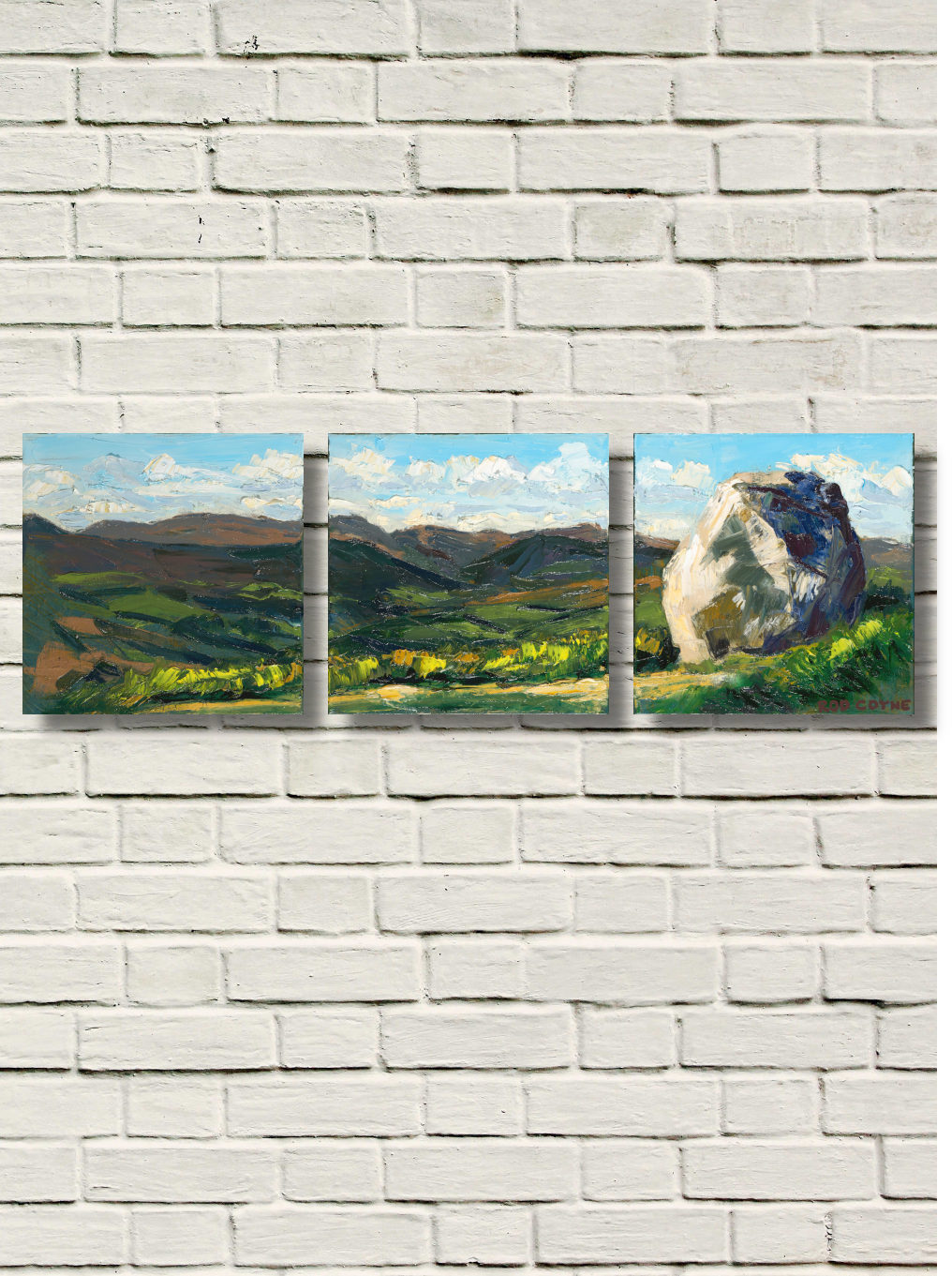 artist rod coyne's triptych painting "mottee stone" is shown here on a white brick wall.
