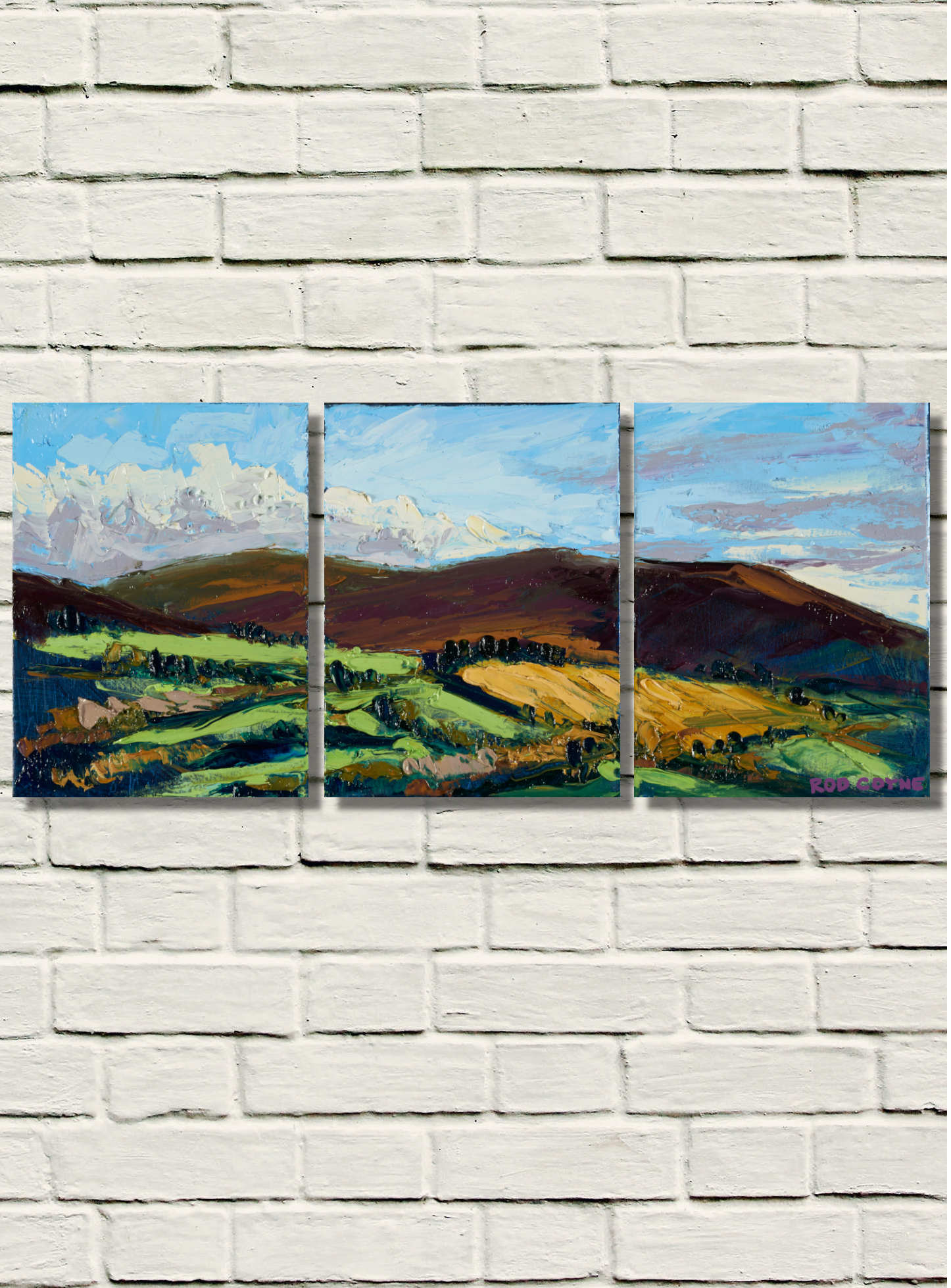 artist rod coyne's triptych painting "Croghan from Aughrim" is shown here on a white brick wall.