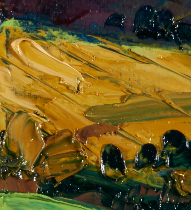 artist rod coyne's triptych painting "Croghan from Aughrim" is shown here in close up detail.