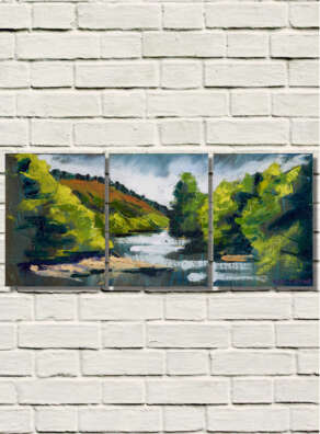 artist rod coyne's triptych painting "summer solstice meeting of the waters" is shown here on a white brick wall.