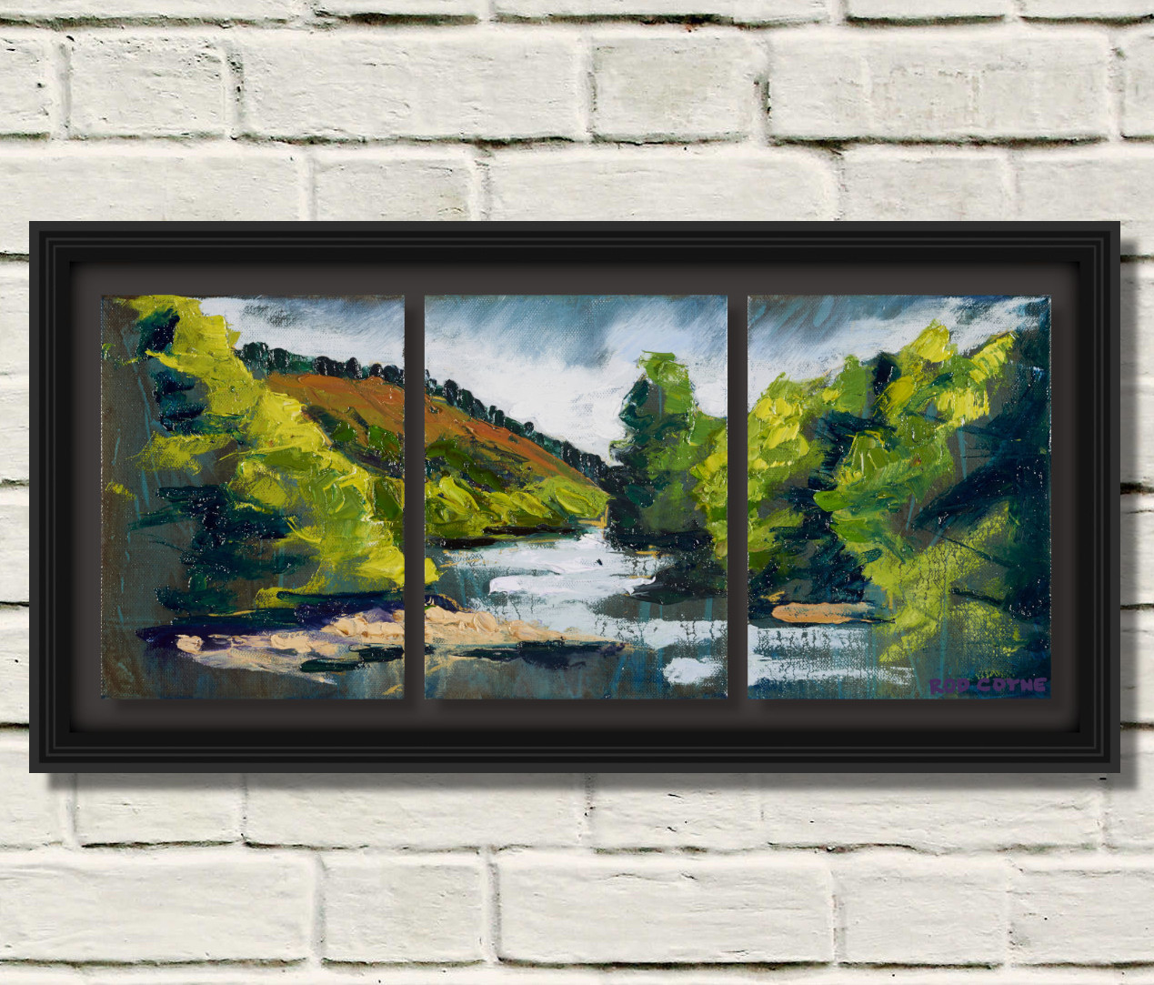 artist rod coyne's triptych painting "summer solstice meeting of the waters" is shown here in a single black frame.