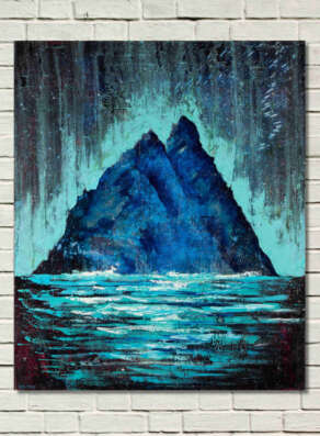 artist rod coyne's painting "Skellig Phospheresence" is shown here on a white brick wall.