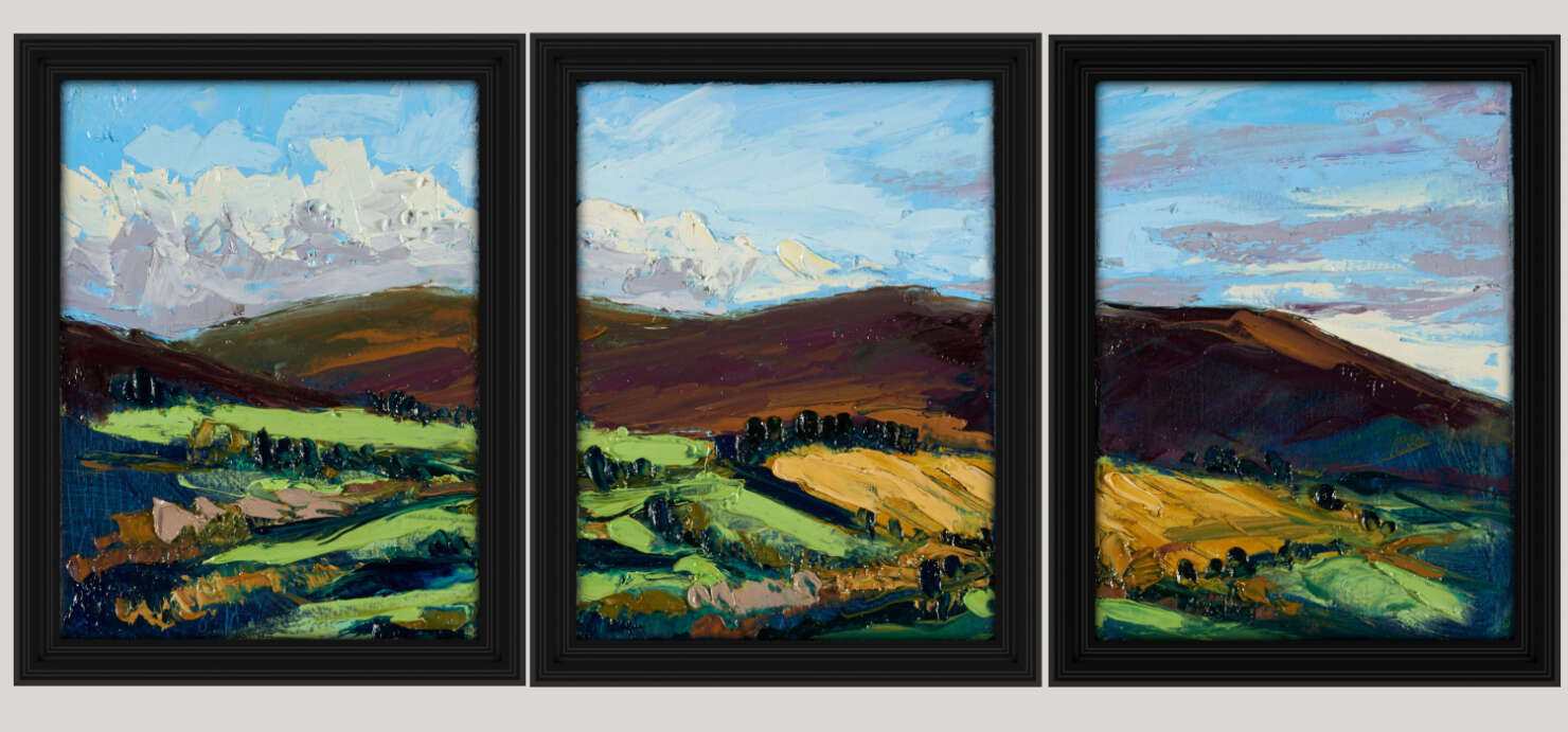 artist rod coyne's triptych painting "Croghan from Aughrim" is shown here in 3 individual black frames.